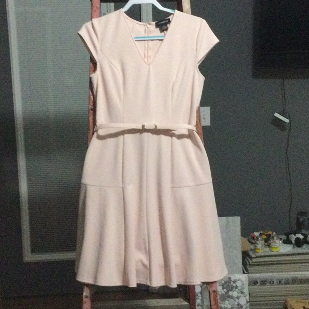 Blush colored formal dress with belt